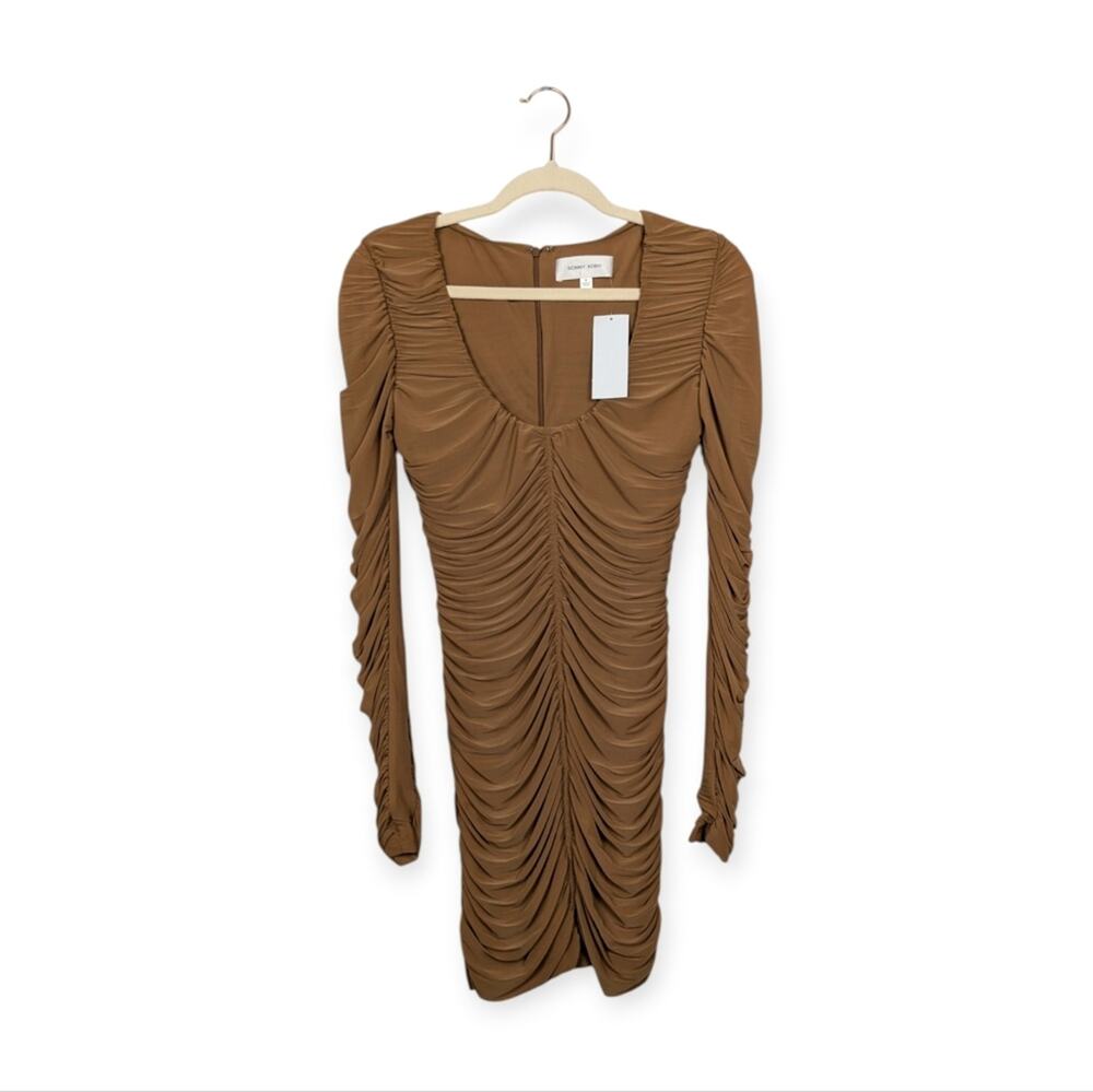 Ronny Kobo Julisa Mini Dress M Latte Ruched Long Sleeve Bodycon Trendy NWT
